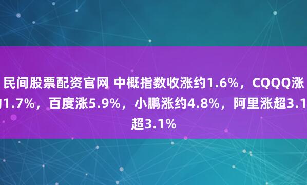 民间股票配资官网 中概指数收涨约1.6%，CQQQ涨约1.7%，百度涨5.9%，小鹏涨约4.8%，阿里涨超3.1%